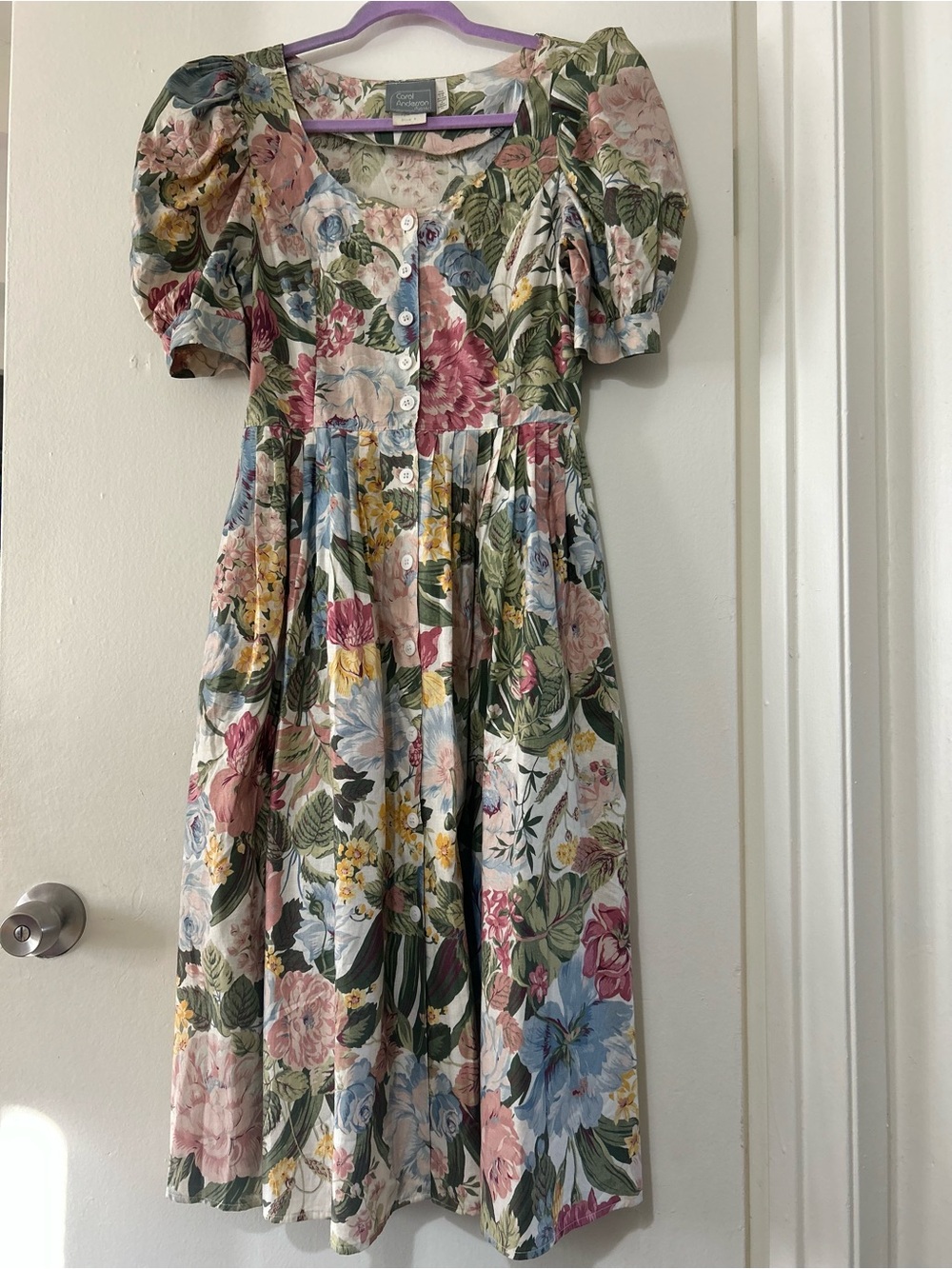 Vintage Carol Anderson Floral Button-Front Puff Sleeve Midi Dress size 8